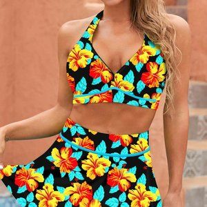 Floral Print Multi Color Halter High Waisted Bikini Set Modlily